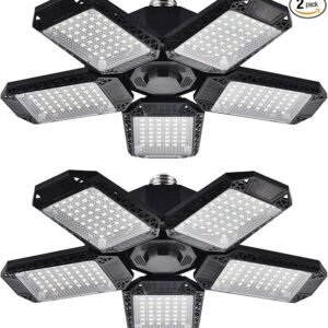 2 Pack LED Garage Lights, 120W Deformable LED Garage Ceiling Light with 5 Adjustable Panels, 12000LM E26 Shop Lamp for Basement, Barn, High Bay, Store (2 Pack)