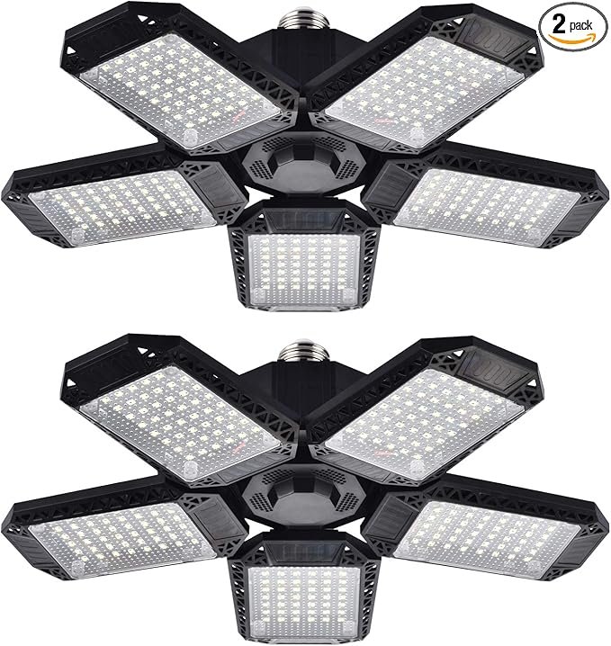 2 Pack LED Garage Lights, 120W Deformable LED Garage Ceiling Light with 5 Adjustable Panels, 12000LM E26 Shop Lamp for Basement, Barn, High Bay, Store (2 Pack)