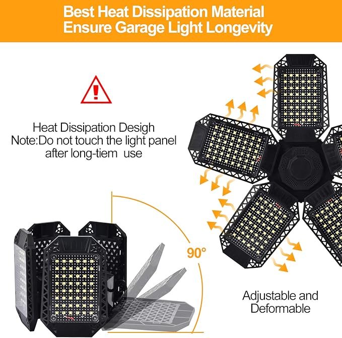 2 Pack LED Garage Lights, 120W Deformable LED Garage Ceiling Light with 5 Adjustable Panels, 12000LM E26 Shop Lamp for Basement, Barn, High Bay, Store (2 Pack) - Image 5